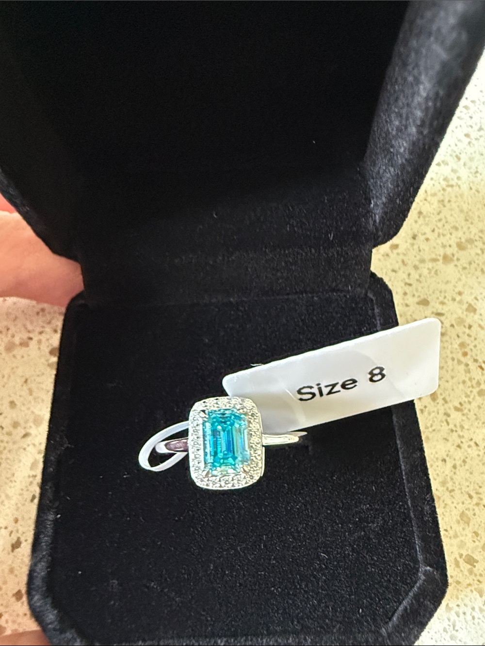 Silver Ring with Teal Emerald-Cut Stone - Size 8